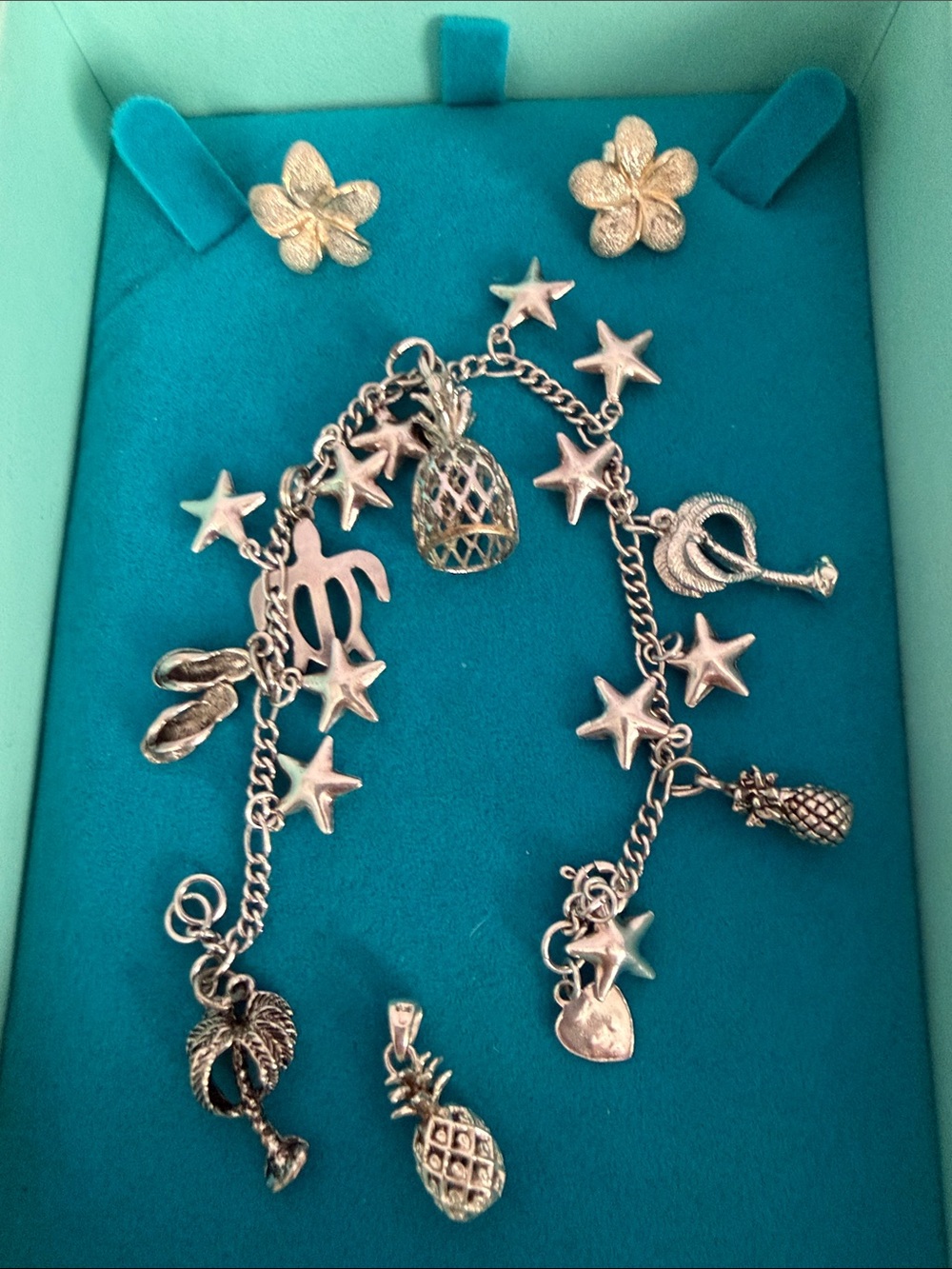 Silver 925 Pineapple & Star Charm Bracelet with Floral Studs & pendant